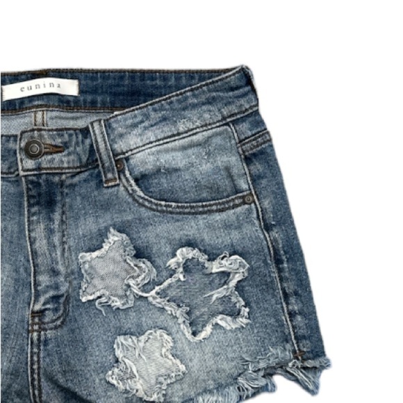 EUC Eunina High Rise Cut Off Shortie Raw Hem Fringed Stars Patches Micro Mini - Picture 6 of 7